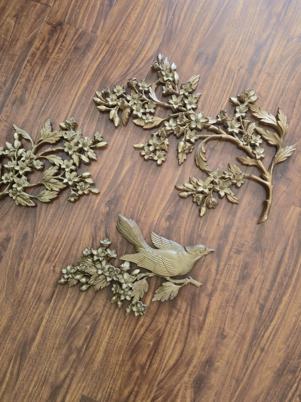Vintage Syroco Gold Bird & Dogwood Wall Plaques Set of 3 (1967)